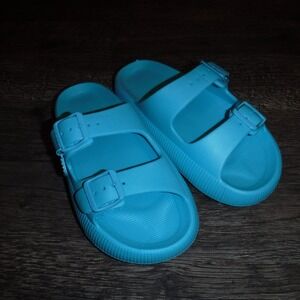Bebe Slides Sandals Blue Rhinestone B Logo Comfort‎ Pool Beach Women's Size 6